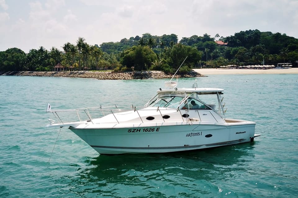 Artemis 1 lying at anchor off a palm-lined Sentosa beach