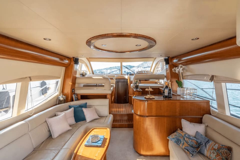 Saloon of a Majesty 50, with a bar to starboard and seating either side