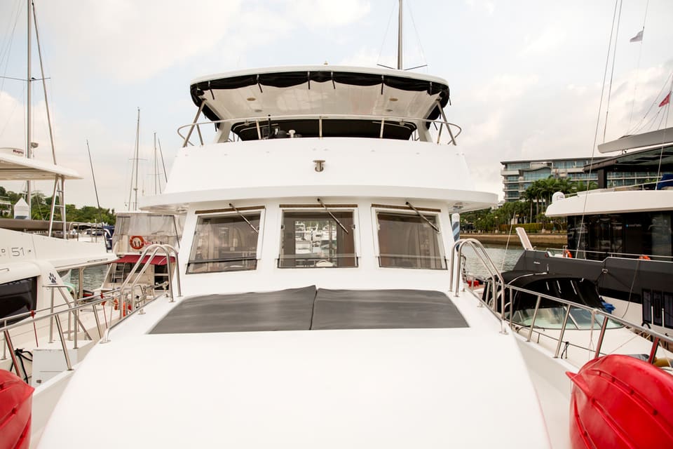 The bow sun pad, looking up at the shaded top deck