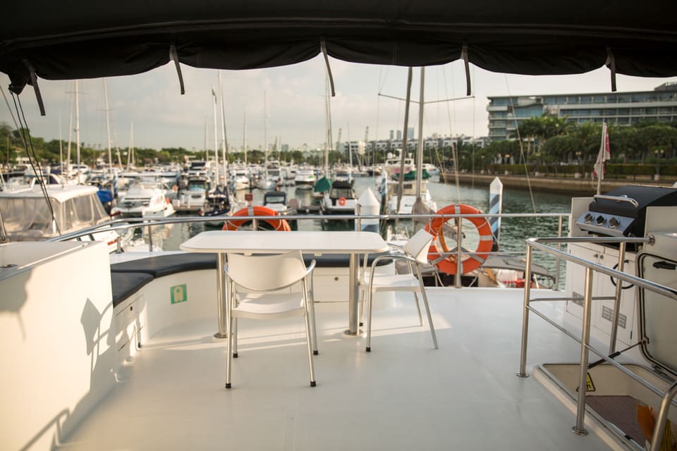 Top deck with bench seating, a table, and the gas BBQ on the starboard rail